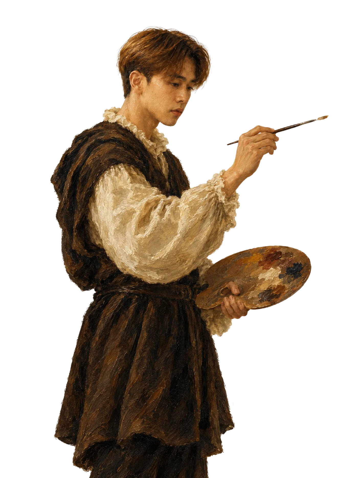 A young painter at his easel in a sunlit studio