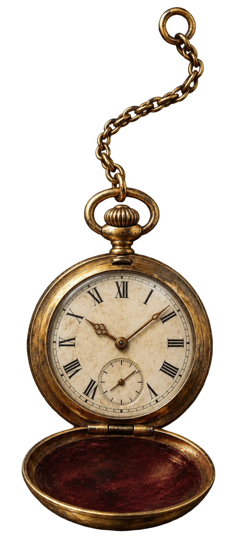An antique gold pocket watch on a chain
