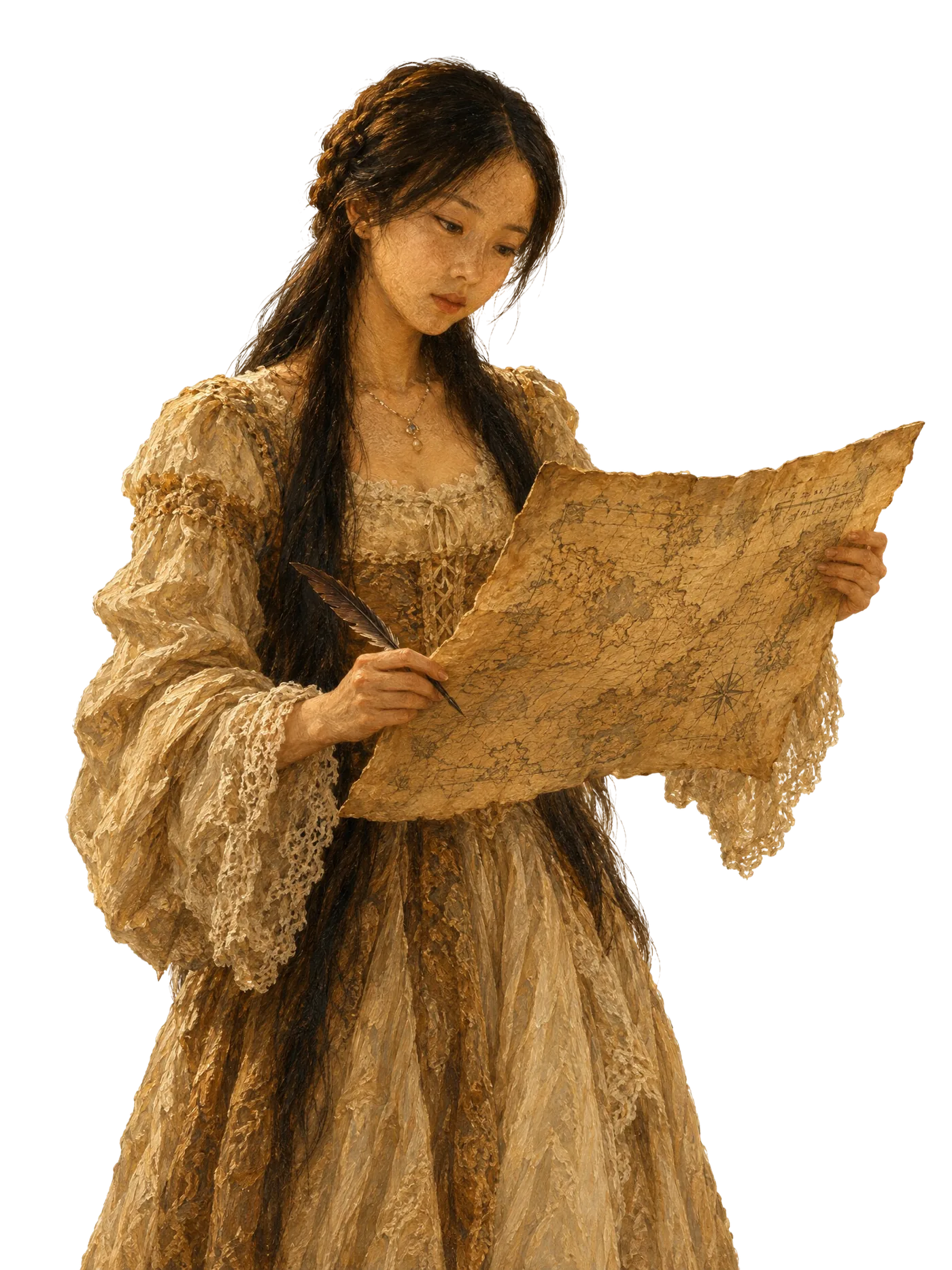 A young strategist studying an old map in a library
